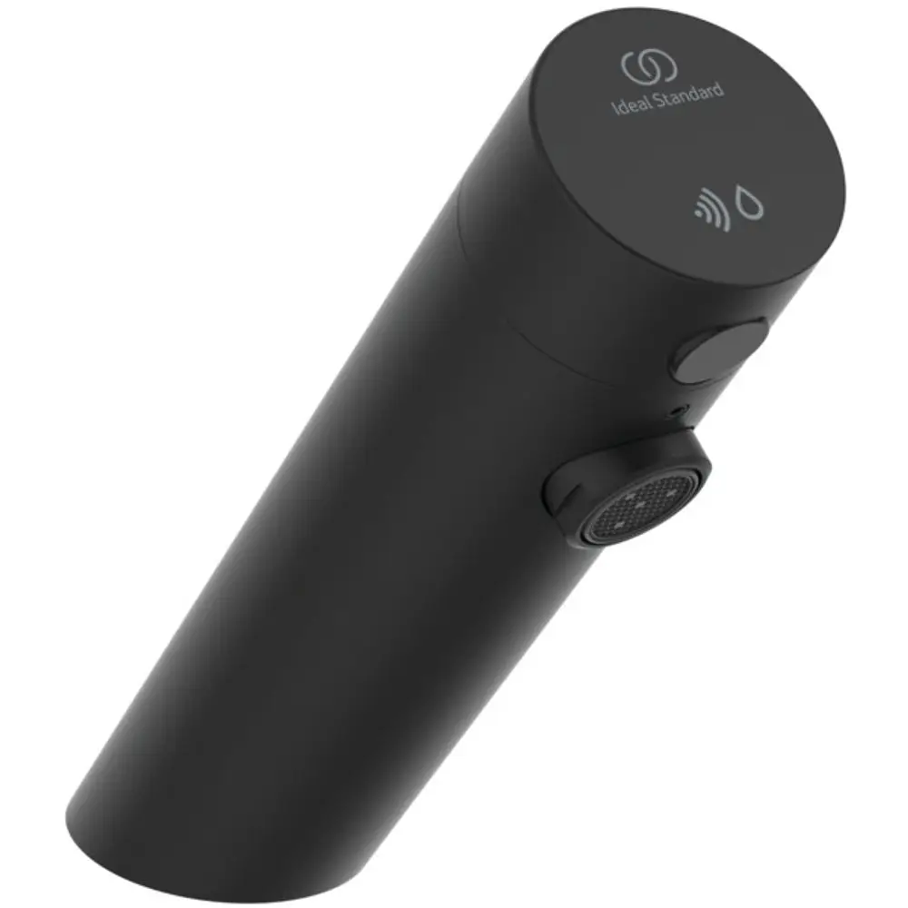 Schwarze Waschtischarmatur von Ideal Standard mit Sensorsteuerung. Rundes Design mit seitlichem Bedienelement und Auslauföffnung.